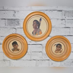 Vintage Framed Needlepoint Portrait Wall Art Set of 3 Rustic Decor